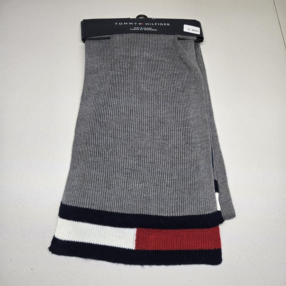 Tommy Hilfiger Scarf OSFM Gray Navy Red White Colorblock Knit READ
